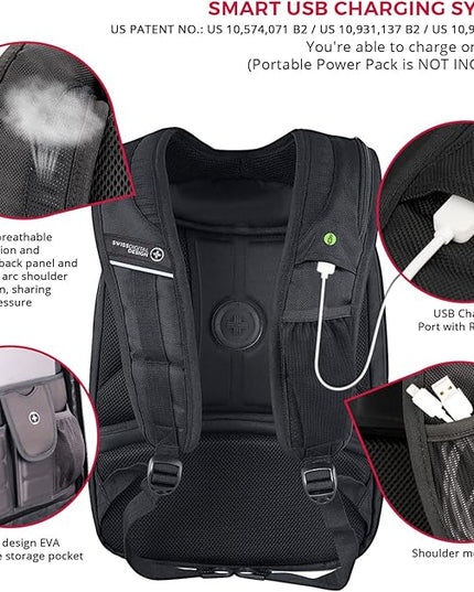 Swissdigital Design TSA Laptop Backpack Men's USB Charging Port Large Capacity Business Travel Backpack Black| With Apple Find My Network Black/Red | J16BTFB-41