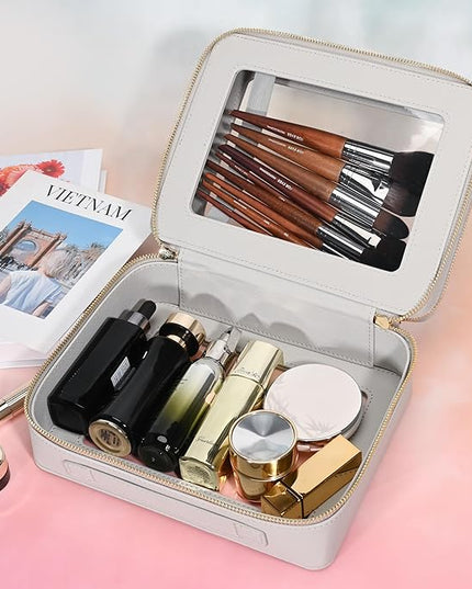 Aveniee Clear Makeup Bags, Double Layer Cosmetic Bags with a Separate Brush Compartment, Large Travel Toiletry Bag Train Case for Women, Travel Accessories Organizer,2 Layers Large, Grey
