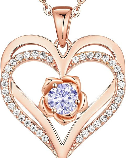 CDE Christmas Gifts for Women S925 Silver Rose Gold Heart Birthstone Necklaces for Women，Ideal Anniversary or Birthday Jewelry Gifts for Wife Girlfriend Her