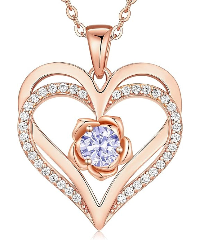 CDE Christmas Gifts for Women S925 Silver Rose Gold Heart Birthstone Necklaces for Women，Ideal Anniversary or Birthday Jewelry Gifts for Wife Girlfriend Her