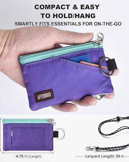 RFID Travel Wallet with Adjustable Lanyard-Zipper Small Wallet with ID Card Holder, Keychain for women&men-Minimalist Slim Waterproof Nylon case for ID, Cash, Key (Violet)