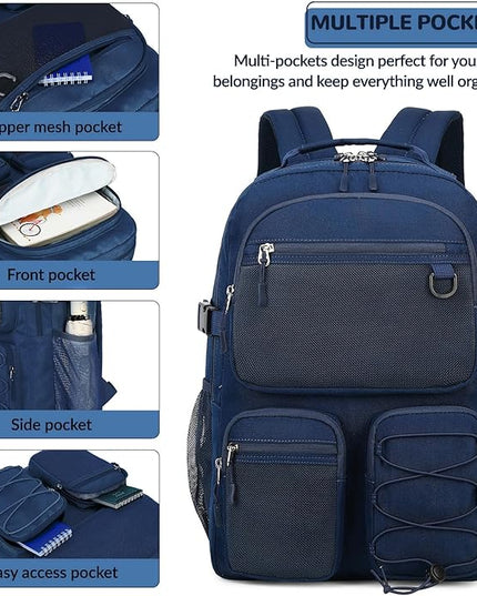 Lohol Water Resistant Daypack with Mulitiple Pockets for School Travel Outdoor College, 15.6 inch Laptop Backpack for Men and Women (Navy Blue)