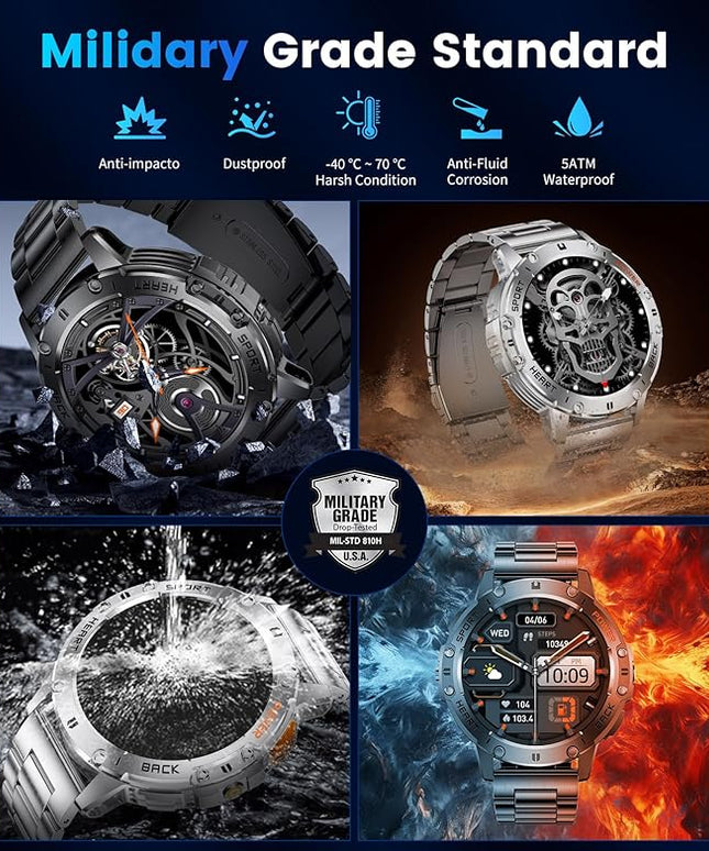 LIGE 1.43" AMOLED Smart Watch for Men with Flashlight, Bluetooth Calling, 100+ Sport Modes, 530mAh, IP68 Waterproof Fitness Tracker for Workout, iOS Android Compatible, Black Steel Black Silicone