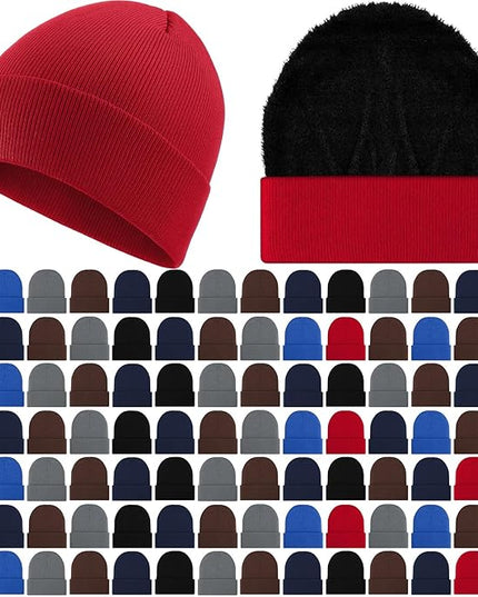 Chicingyou 120 Pcs Bulk Men Knitted Hats with Fleece Lining for Charity Homeless Donations, Unisex Beanies Winter Warm Hats