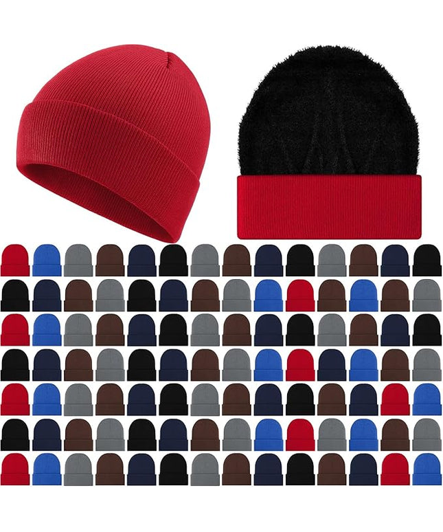 Chicingyou 120 Pcs Bulk Men Knitted Hats with Fleece Lining for Charity Homeless Donations, Unisex Beanies Winter Warm Hats