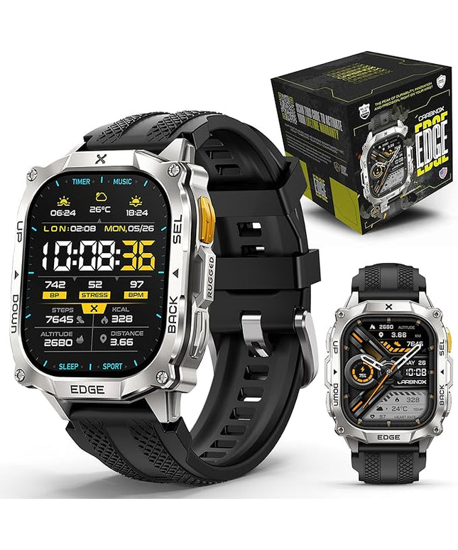 CARBINOX Smart Watch Edge Rugged, 1.96″ AMOLED, Stainless Steel, IP69K/5ATM Fitness trackers, Dual-Band GNSS, 500mAh, Bluetooth Calls, Smart Watch for Android Phones iOS (Silver)