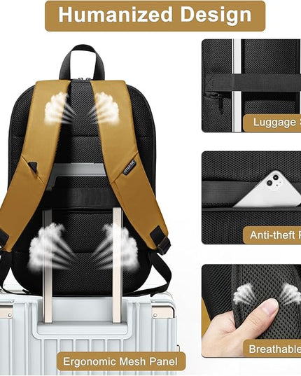 hk Business Backpack for Men 17 Inch,Slim & Expandable Waterproof Travel Laptop Backpack with USB Charger Port (Yellow)
