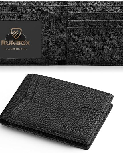 RUNBOX Wallet for Men Slim Leather Bifold RFID Blocking Minimalist Front Pocket Design with Gift Box