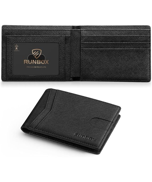 RUNBOX Wallet for Men Slim Leather Bifold RFID Blocking Minimalist Front Pocket Design with Gift Box