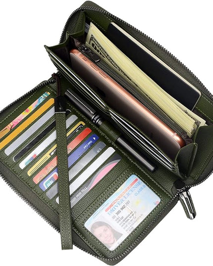 Bveyzi Women RFID Blocking Wallet Leather Zip Around Phone Clutch Large Capacity Ladies Travel Purse Wristlet | RFID Blocking, Zip Around, Large Capacity