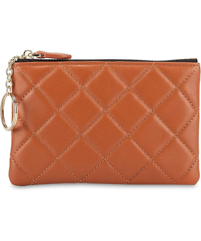 DORIS&JACKY Soft Lambskin Leather Coin Purse Small Quilted RFID Blocking Top Zipper Wallet With Key Chain