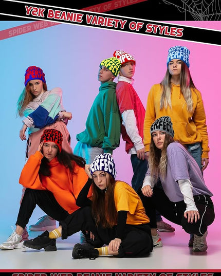 Toulite 12 Pieces Y2K Spider Web Beanie Gothic Graphic Beanies Outdoor Winter Warm Knitted Hat for Men Women
