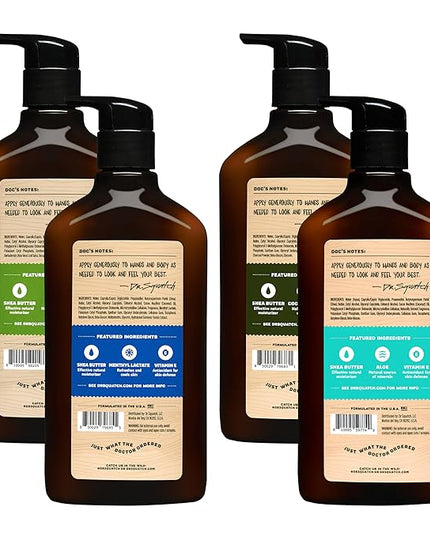 Dr. Squatch Natural Hand and Body Lotion for Men - Made with Shea Butter, Coconut Oil, Vitamin E for 24-Hr Moisturization - Pine Tar, Fresh Falls, Coconut Castaway & Cool Fresh Aloe (10 fl oz, 4-Pack)