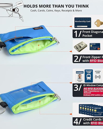 RFID Travel Wallet with Adjustable Lanyard-Zipper Small Wallet with ID Card Holder, Keychain for women&men-Minimalist Slim Waterproof Nylon case for ID, Cash, Key (Sky Blue)
