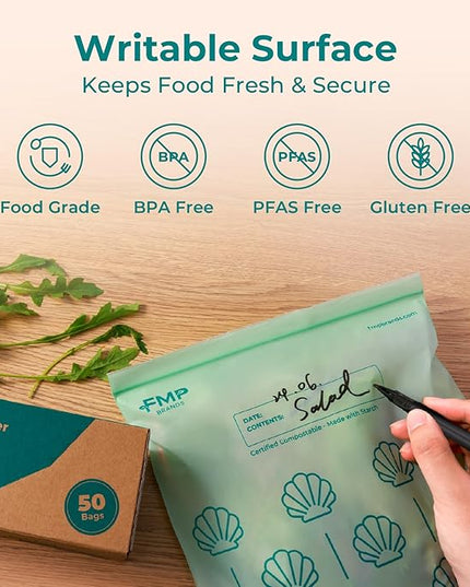 Fit Meal Prep 50 Pack 100% Compostable Food Storage Bags, 1 Gallon Freezer Bags, 10.6 x 11.5" Resealable Bag for Vegetables, Meat, Fruits, ASTM D6400, US BPI & EU OK Compost Certified