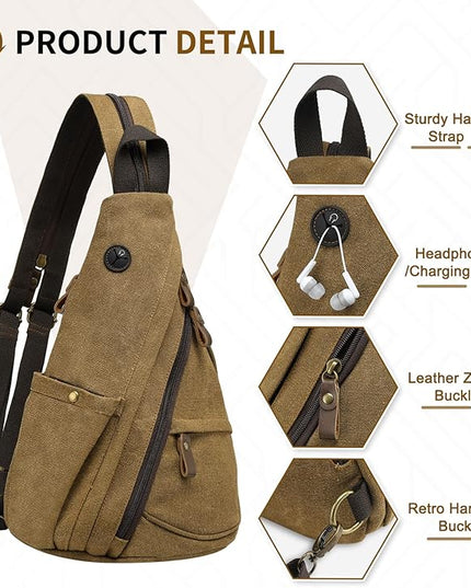 Vintage Canvas Sling Bag with Genuine Leather Zipper, 3 in 1 Crossbody, Backpack, and Chest Bag, for Travel, Hiking, 16x10x6 Inches, Coffee