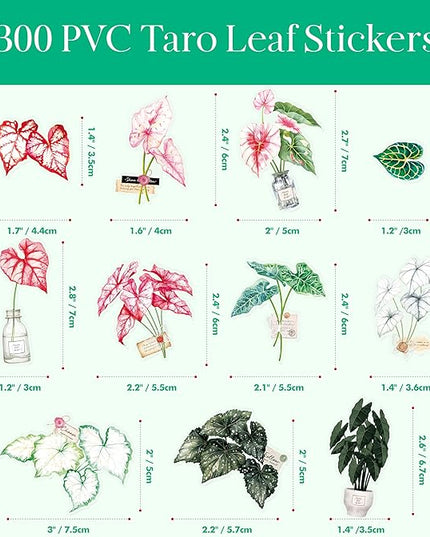 300 PCS PVC Taro Leaf Stickers, Self-Adhesive PVC Greenery Stickers Nature Plant Decals for Scrapbook, Laptop, Journal, DIY Project, Spring Themed Party Decors