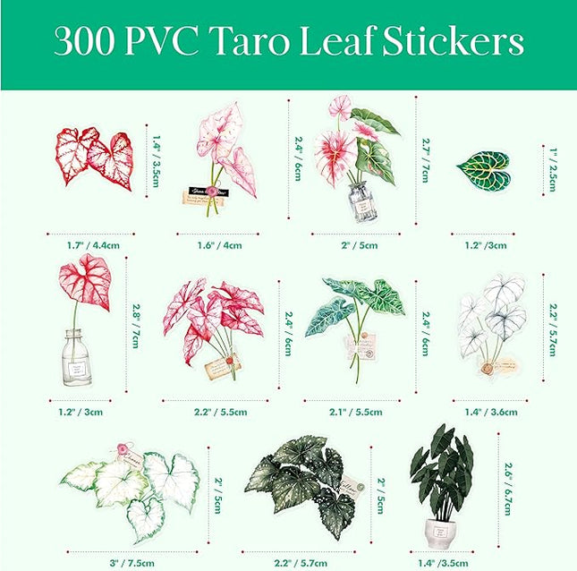 300 PCS PVC Taro Leaf Stickers, Self-Adhesive PVC Greenery Stickers Nature Plant Decals for Scrapbook, Laptop, Journal, DIY Project, Spring Themed Party Decors