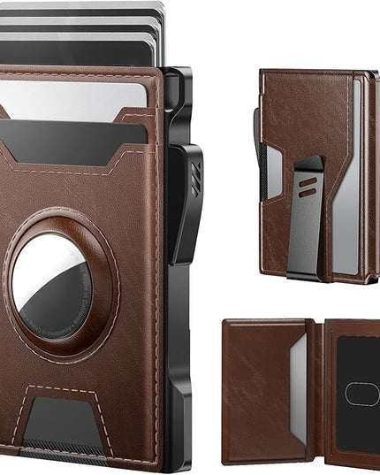 typecase AirTag Wallet for Men: Pop Up Card Case, Secure Holder for Apple Air Tag, Premium Leather, Smart, RFID Blocking, Slim, Minimalist, Thin, 13 Cards Capacitiy | ID Window | Money Clip (Brown)