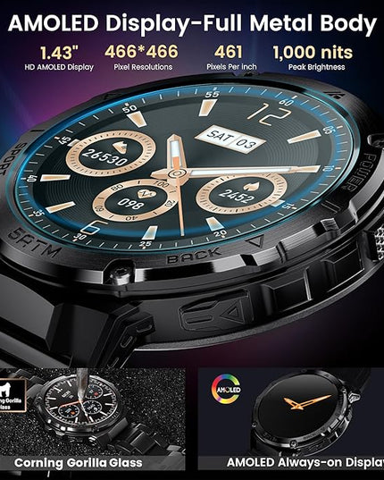 Smart Watches for Men GPS, Pressure,Altitude,Compass, 480mAh Extra-Large Battery, 50M Waterproof, Full Metal Body Rugged Smartwatch, Answer/Make Call,1.43" AMOLED Display (Black)