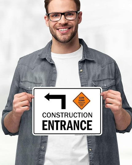 Slow Down Construction Entrance Ahead With Left Arrow Sign, 10x7 Inches, 4 Mil Vinyl Decal Stickers Weather Resistant, Made in USA by My Sign Center