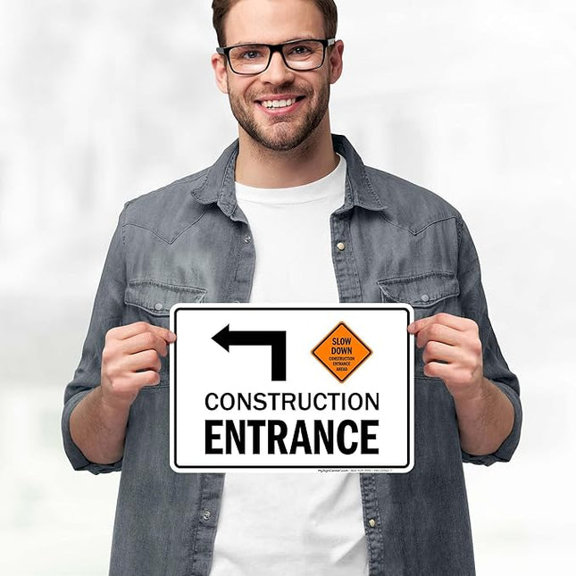 Slow Down Construction Entrance Ahead With Left Arrow Sign, 10x7 Inches, 4 Mil Vinyl Decal Stickers Weather Resistant, Made in USA by My Sign Center
