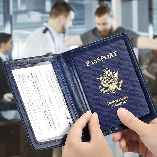 Passport and Vaccine Card Holder Combo, Passport Holder with Vaccine Card Slot, Passport Wallet, Passport Cover, Passport Case, Passport Holder for Women and Men(AB-Dark blue)