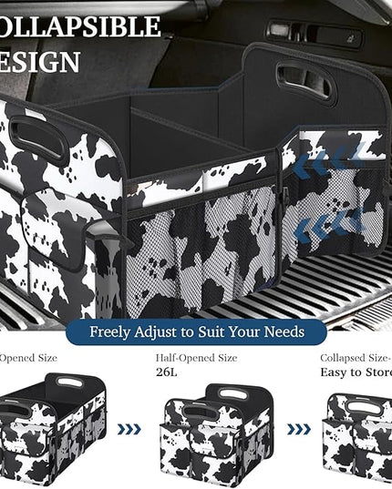 Femuar Car Trunk Organizer, Cow Print, Vintage Style, 52L Capacity, 4 Compartments, Waterproof, Non-Slip, Collapsible, 22.5"D x 18"W x 10.8"H