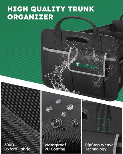 2-Compartment Trunk Organizer & Multi-Compartment Storage Box 600D Waterproof Oxford, with Reflective Strips and 8 Side Mesh Pockets for SUV, Sedan, Minivan- Heavy-Duty Car Organiser(65L)
