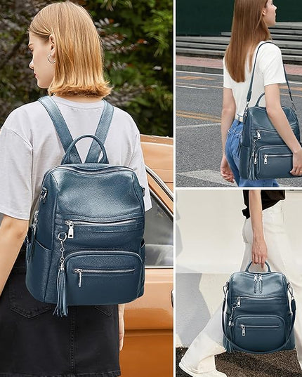 ALTOSY Genuine Leather Backpack Purse for Women Large Shoulder Bag With Laptop Compartment Multiple Pockets(S106 Indigo Blue)