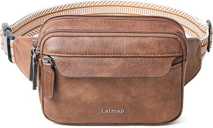 LATMAP 3L Fanny Packs for Women Cross Body Bag Vegan Leather Chest Belt Bag Fashion Waist Pack Small Bum Bag Crossbody for Travel Running Workout, Brown