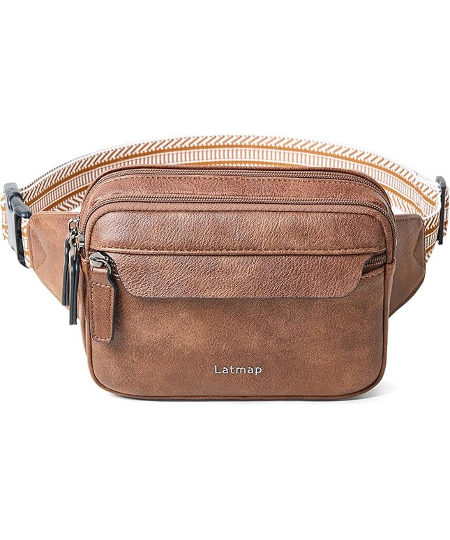 LATMAP 3L Fanny Packs for Women Cross Body Bag Vegan Leather Chest Belt Bag Fashion Waist Pack Small Bum Bag Crossbody for Travel Running Workout, Brown