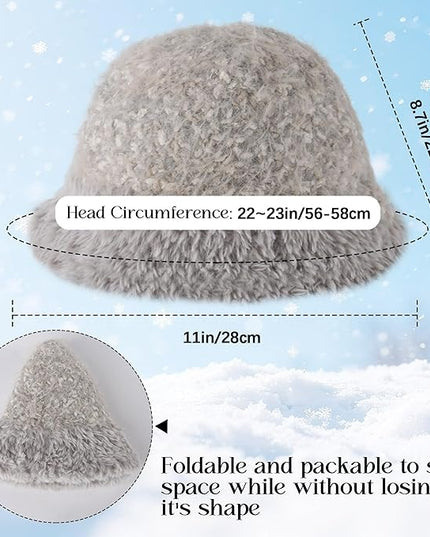 YI HENG MEI Women Knit Bucket Hat, Fluffy Winter Fisherman Hat Fuzzy Soft Warm Beanie Caps Women Cloche Caps Warm Bowler Hats