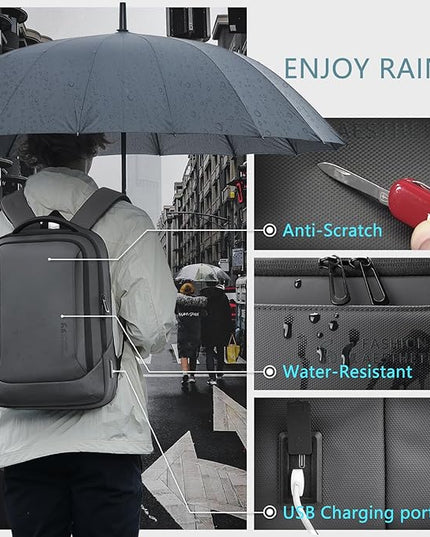 hk Laptop Backpack for Men with USB Charging Port Water-Resistant for 15.6 Inch Computer Bag Durable High-Tech Daypack Casual Backpack for Business Work College Weekender Travel- Dark Grey