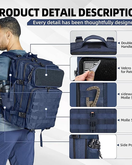 gracedon Tactical Backpack - Military Molle Bag 3 Days Pack for men and Women Large Assault Rucksack 45L (Navy)