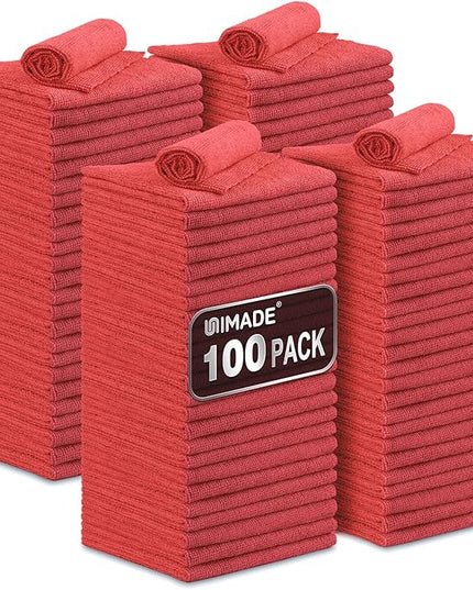 Shop Towels, 100 Pack Commercial Grade Work Rags Microfiber Towels for Cars Cleaning Rag Bulk Detailing Cloth for Automotive Bar Mechanic Restaurant Garage Housekeeping, 11.5"x 11.5", Red