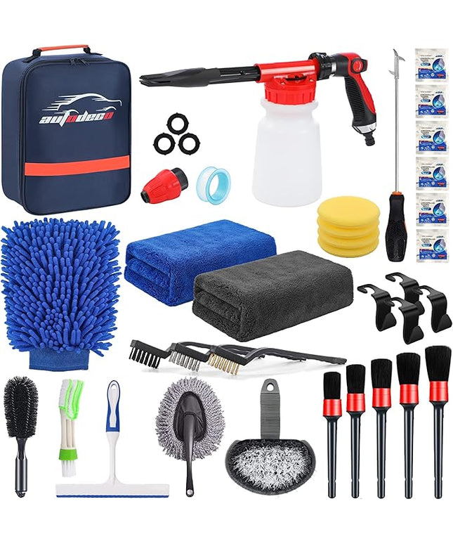 AUTODECO 33Pcs Car Wash Detailing Kit Cleaning Kits with Foam Gun Sprayer Brush Large Wash Mitt Towels Complete Interior Exterior Car Washing Supply Set Blue