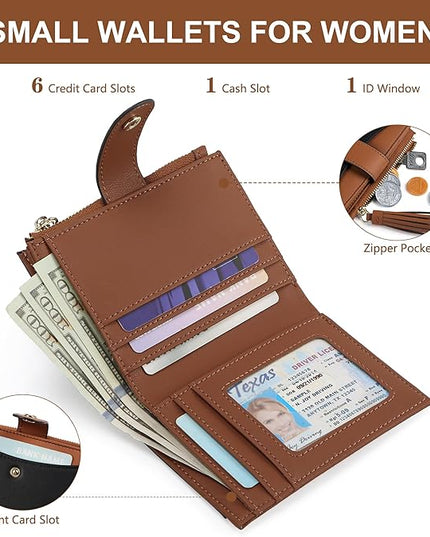 yiijay Small Wallet for Women RFID Blocking Tassle Bifold Slim Thin Leather Wallet Credit Card Holder Wallet Ladies Mini Wallet with Widened Zipper Pocket