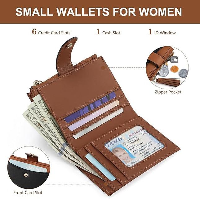 yiijay Small Wallet for Women RFID Blocking Tassle Bifold Slim Thin Leather Wallet Credit Card Holder Wallet Ladies Mini Wallet with Widened Zipper Pocket