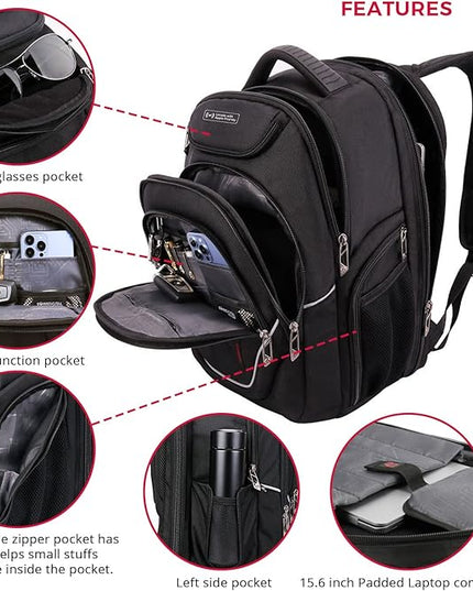 Swissdigital Design TSA Laptop Backpack Men's USB Charging Port Large Capacity Business Travel Backpack Black| With Apple Find My Network Black/Red | J16BTFB-41