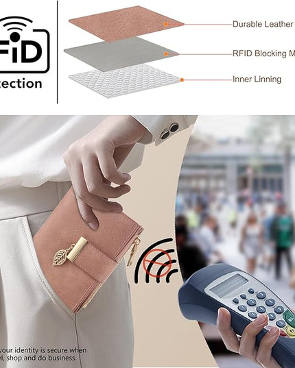yiijay Small Wallet Women RFID Blocking Leather Bifold Wallet Credit Card Holder for Women Ladies Compact Wallet Mini Purse With Zipper Pocket