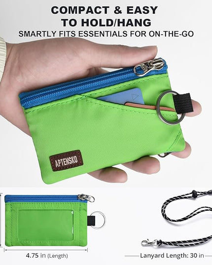 RFID Travel Wallet with Adjustable Lanyard-Zipper Small Wallet with ID Card Holder, Keychain for women&men-Minimalist Slim Waterproof Nylon case for ID, Cash, Key (Green)