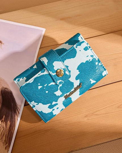 Montana West Small Wallet Trifold Blue Cow Print Wallet for Women Western Travel Wallets Womens Ladies Female Credit Card Cash Wallets with ID Window and RFID Lining