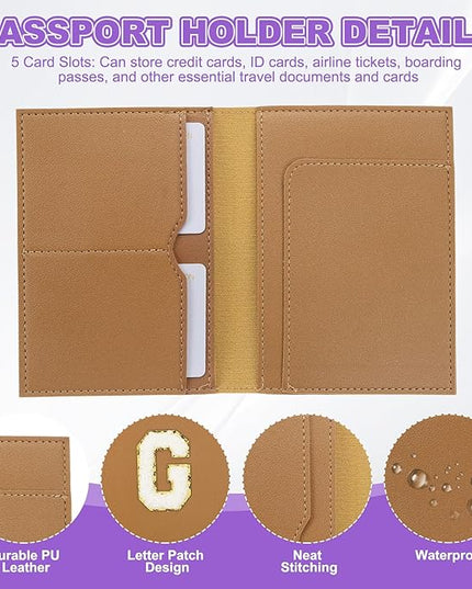 PATIKIL Passport Holder for Travel, Initial Passport Cover and Luggage Tag Set with Alphabet Chenille Letter Patch Travel Wallet Bag Suitcase Identifier for Women Family Travel Brown G