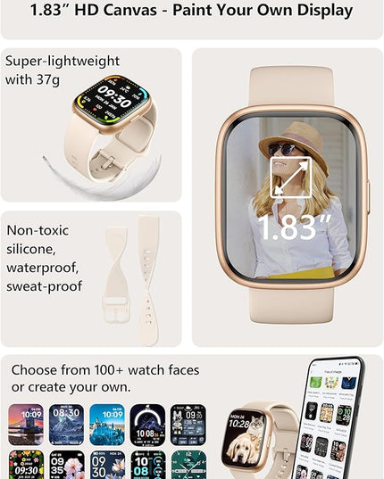 Smart Watch 2026 Upgrade for Women Men Android & iPhone [2 Bands, 44mm case, 1.83''], Alexa Built-in, Make/Answer Call, HR SpO2 Sleep Stress Monitor Fitness Tracker, IP68 Waterproof Step Counter Watch