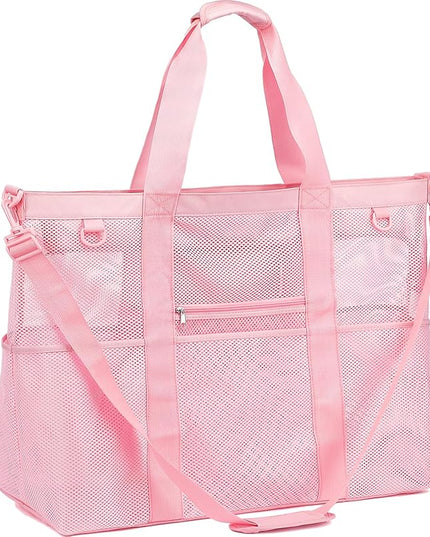 Mesh Beach Bag, Large Beach Tote with Zipper Pocket, Toys Pool Bag for Family Travel Vacation Cruise Essentials