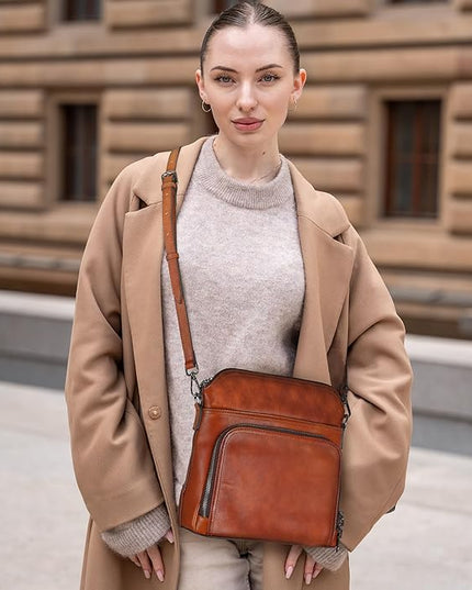 Iswee Leather Crossbody Bags for Women Multi Pockets Medium Shoulder Bag Lightweight Functional Travel Purse