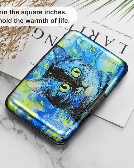 ELFISH Mini RFID Aluminum Wallet Credit Cards Holder Business Card Case Metal ID Case for Men Women(Blue Cat)