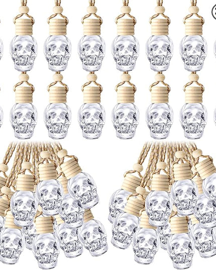BBTO 200 Pcs Hanging Car Diffuser Bottles Bulk, Empty Clear Glass Air Freshener Bottles with Wooden Cap for Perfume Essential Oils Fragrance Aromatherapy Ornament(Skull)