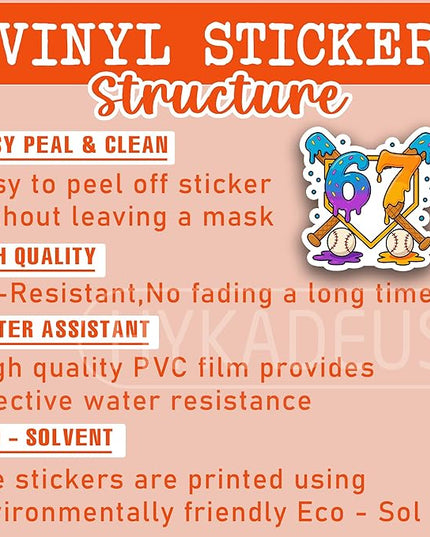 (3Pcs) Baseball Drip Number 67 Player Stickers Funny Baseball 67 Ice Cream Vinyl Decal Waterproof Sticker for Water Bottle, Tumbler, Laptop, Phone Case, 3" x 3"